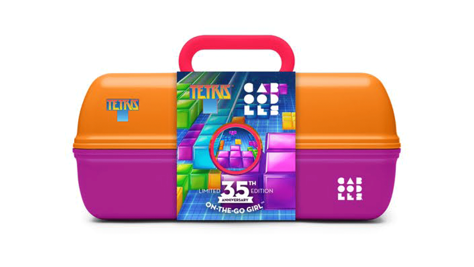 Colorful plastic lunchbox with Tetris-themed design celebrating 35th anniversary, labeled 'ON-THE-GO GIRL'.
