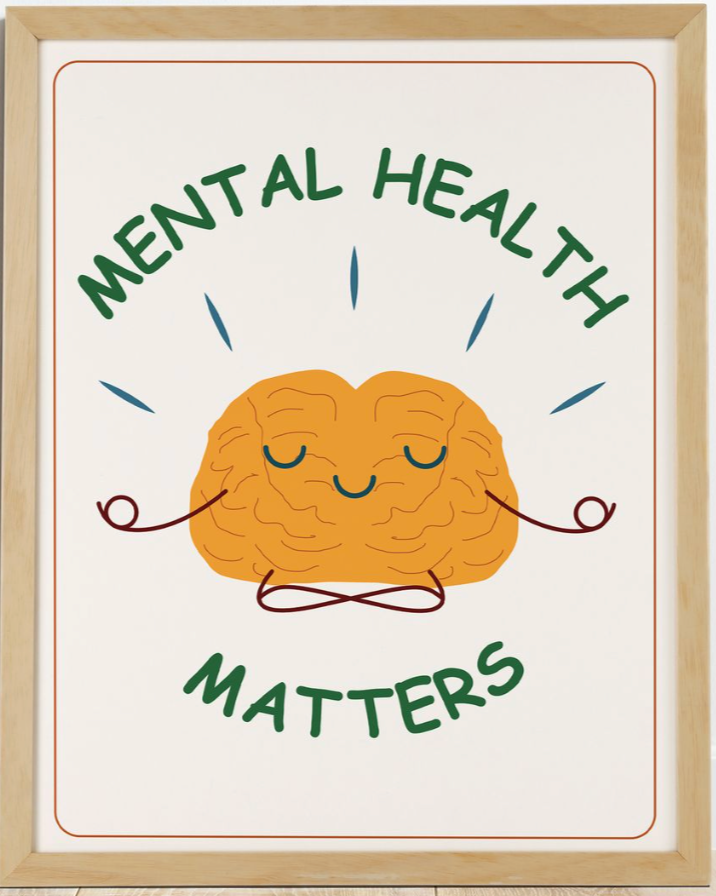 Cartoon illustration of a brain with a smiling face, sitting in a meditation pose with a peaceful expression. Text above and below the brain reads 'Mental Health Matters'.