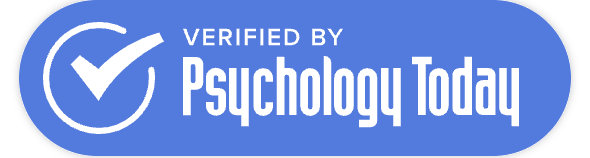 Verified by Psychology Today badge with white checkmark inside a circle, on a blue background, and white text.