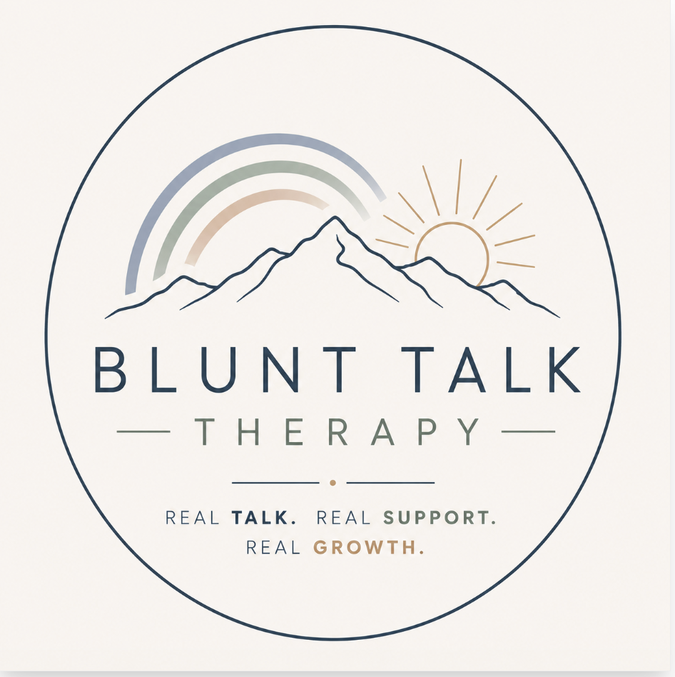 Logo for Blunt Talk Therapy with a mountain, rainbow, sun, and text indicating real talk, support, and growth.