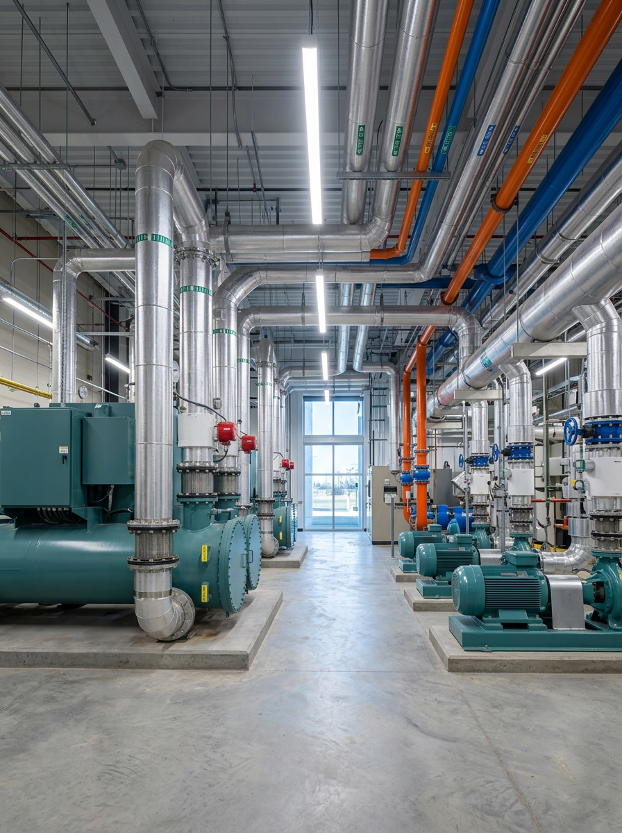Indoor industrial space with large metal pipes, pumps, and machinery used for heating, cooling, or fluid transport. Bright overhead lighting and a large window at the end of the room.