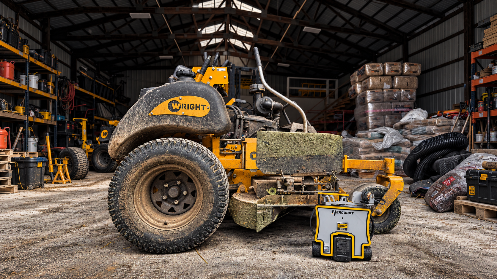A yellow and black Wright ride-on floor scrubber machine in a large storage warehouse with shelves stocked with tools, supplies, and equipment, and boxes and bags of materials stacked in the background.