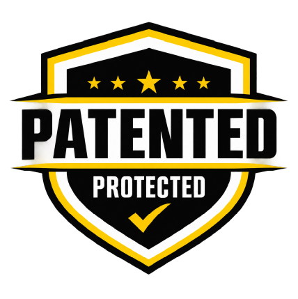 Shield badge with the words "PATENTED PROTECTED" and five gold stars on top.
