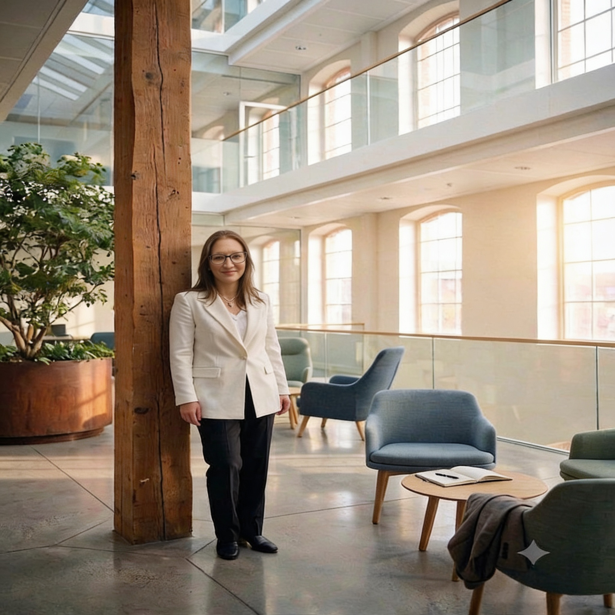 A woman with glasses and a white blazer standing in a modern, brightly lit room with large windows, wooden beams, green plants, chairs, and an open book on a coffee table.