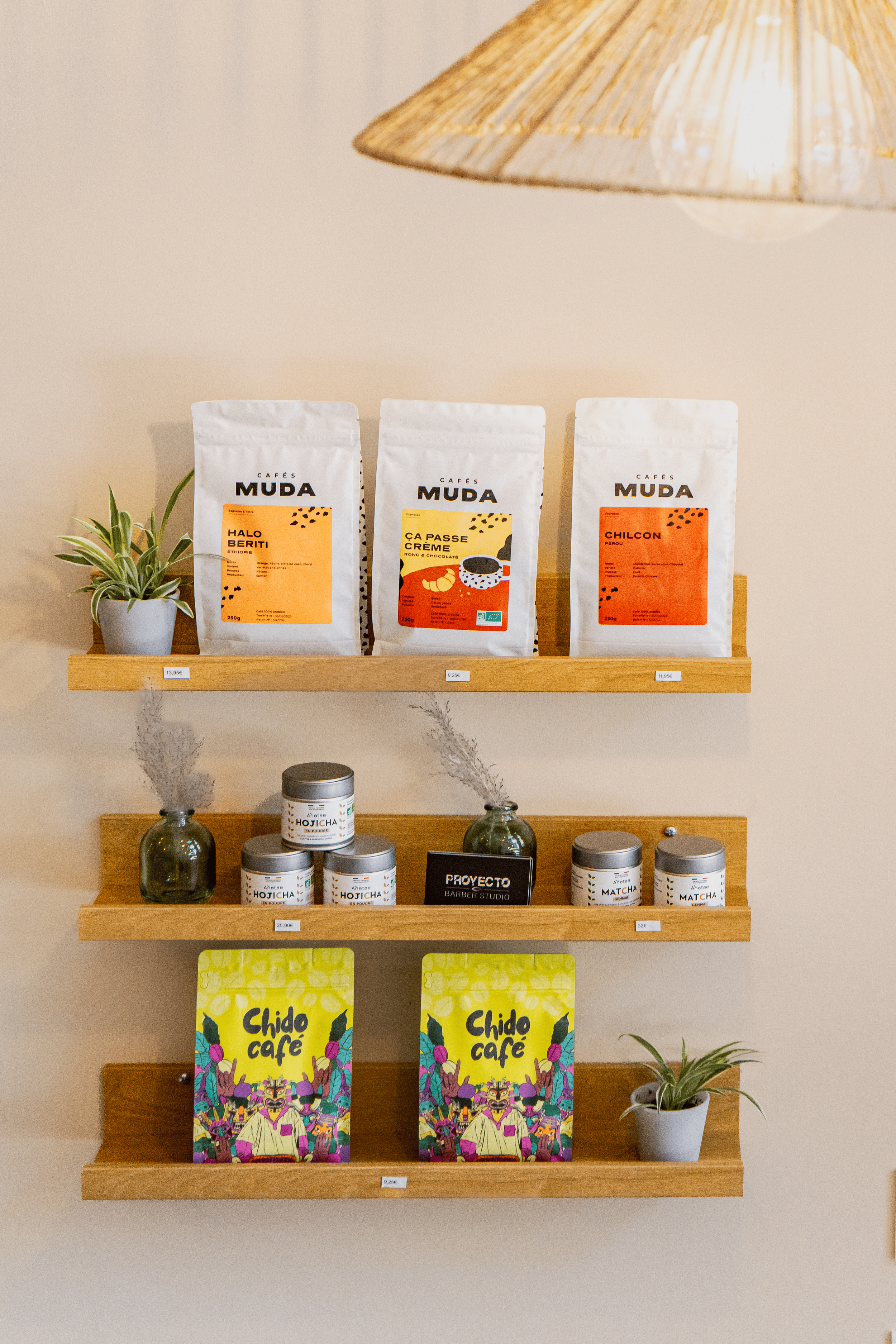 Étagères en bois avec des paquets de café, des pots de produits cosmétiques, un pot de plantes, de chez Xocolatte à Lille