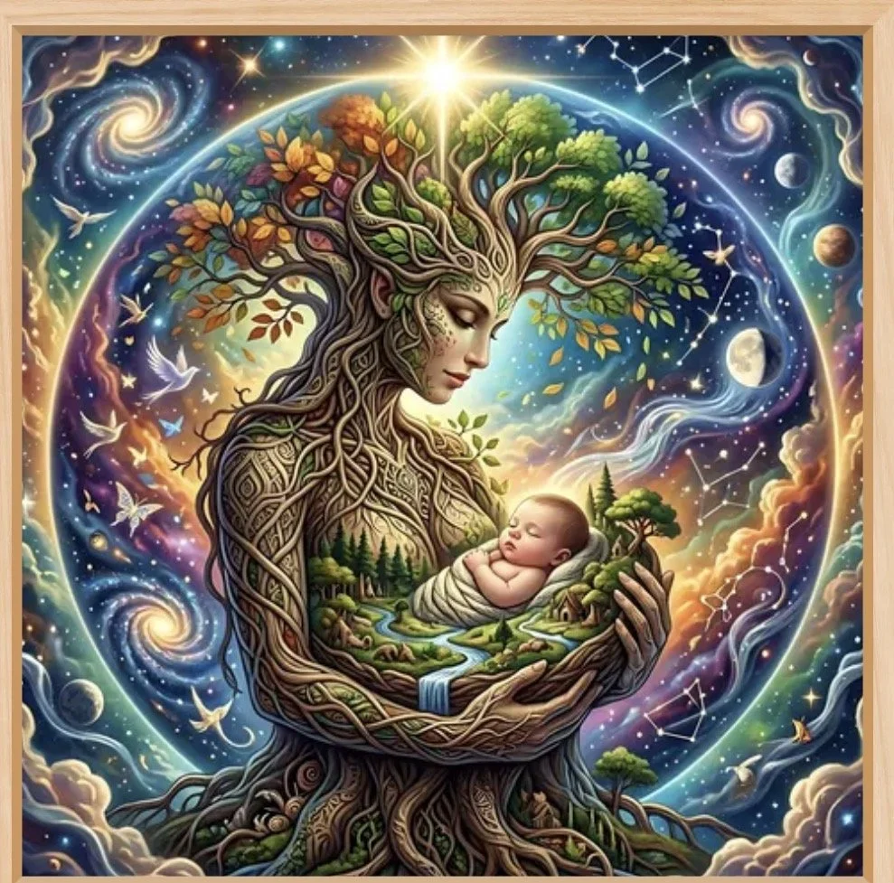 An artistic depiction of a woman with tree-like features holding a baby in a cradle surrounded by a fantasy landscape with celestial elements and swirling clouds.