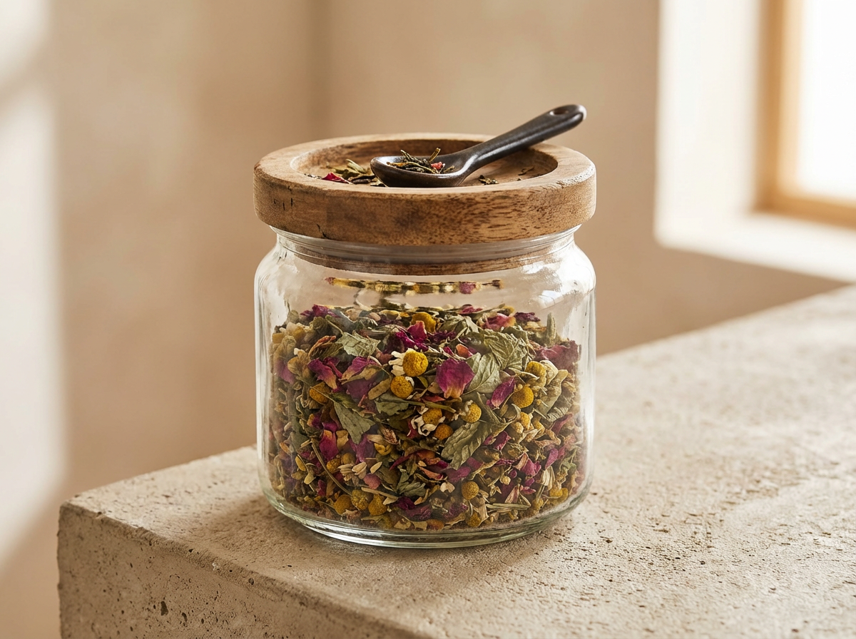 A glass jar filled with dried loose leaf tea and herbs, with a wooden lid and a black spoon resting inside