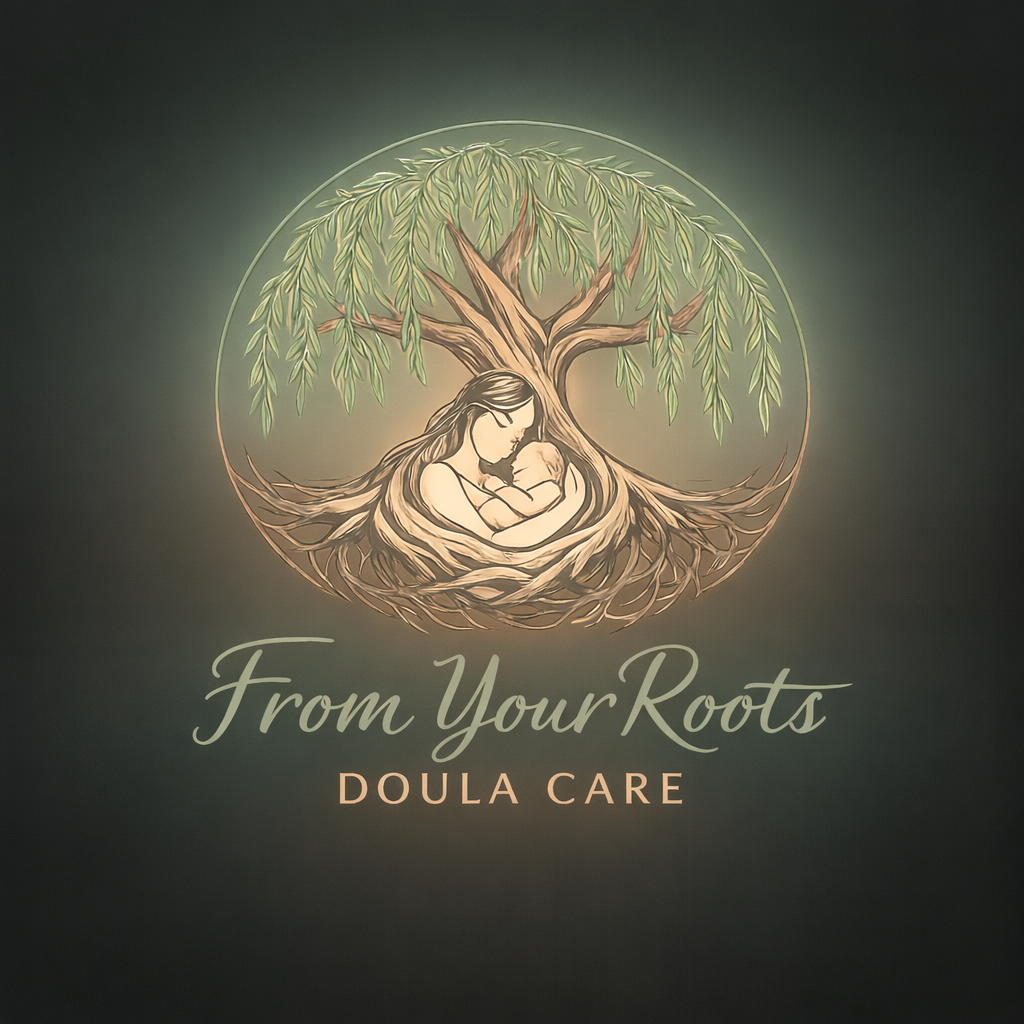 Illustration of a woman holding a baby under a tree with green leaves and visible roots, with the text "From Your Roots" and "Doula Care" below. Salem Doula