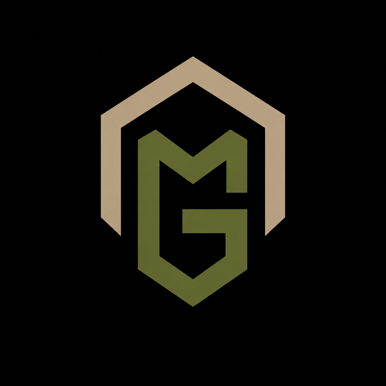 A logo with a shield outline surrounding the stylized letters 'M' and 'G' in green, set against a black background.