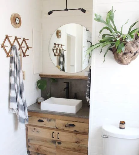 Small bathroom with a wooden vanity, a round mirror, green plant in a wooden wall planter, and a white vessel sink.