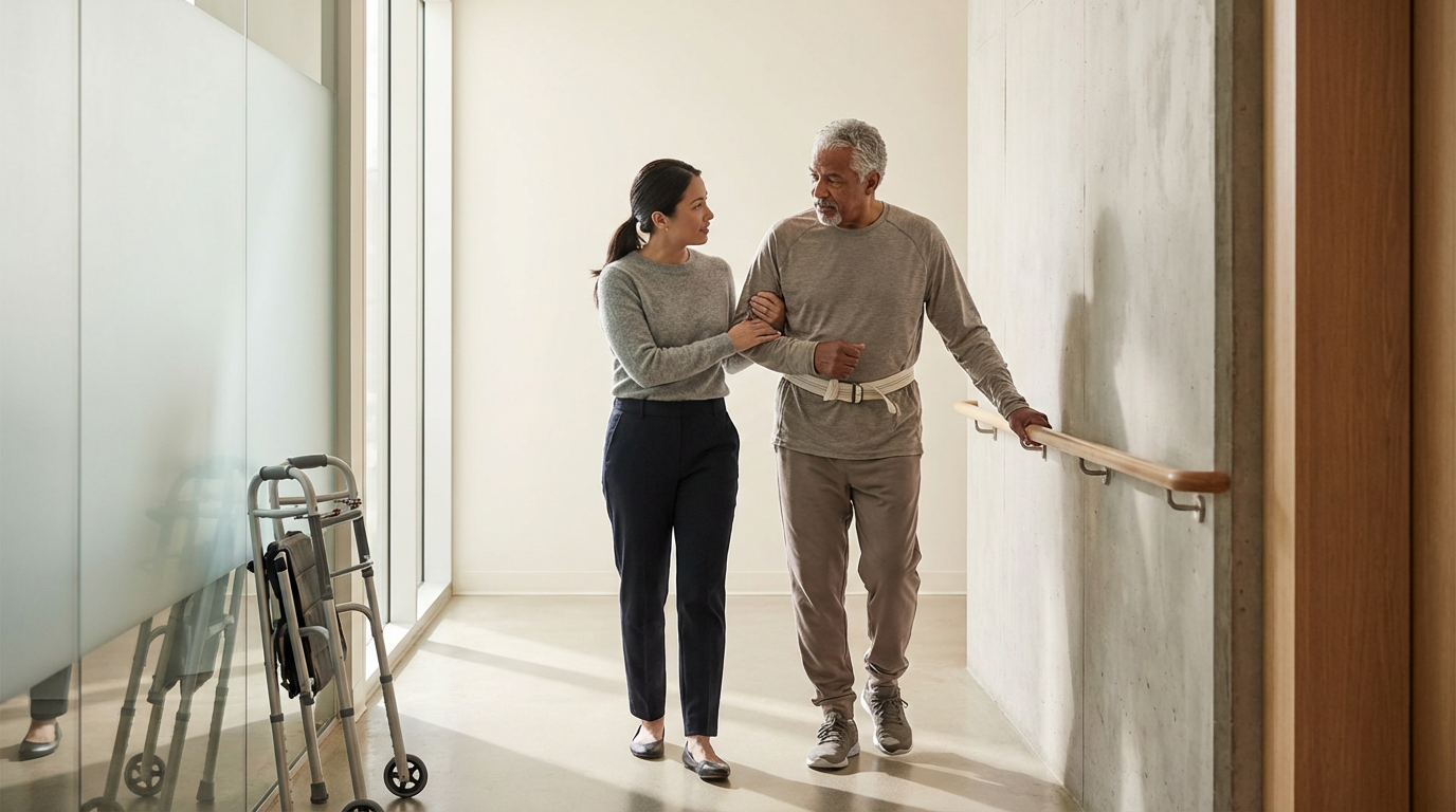 A young woman in a gray sweater and dark pants helping an elderly man with gray hair, wearing a gray long-sleeve shirt and joggers, walk with a cane support down a corridor. The woman is holding the man's arm as he uses the cane and they look at each other while walking.
