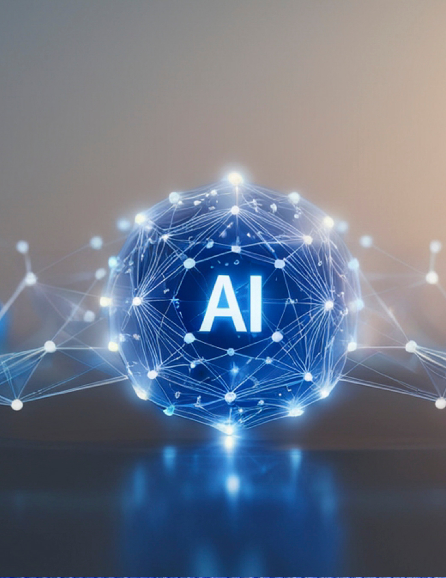 Digital illustration of a glowing globe with connected nodes, representing artificial intelligence (AI), on a reflective surface.