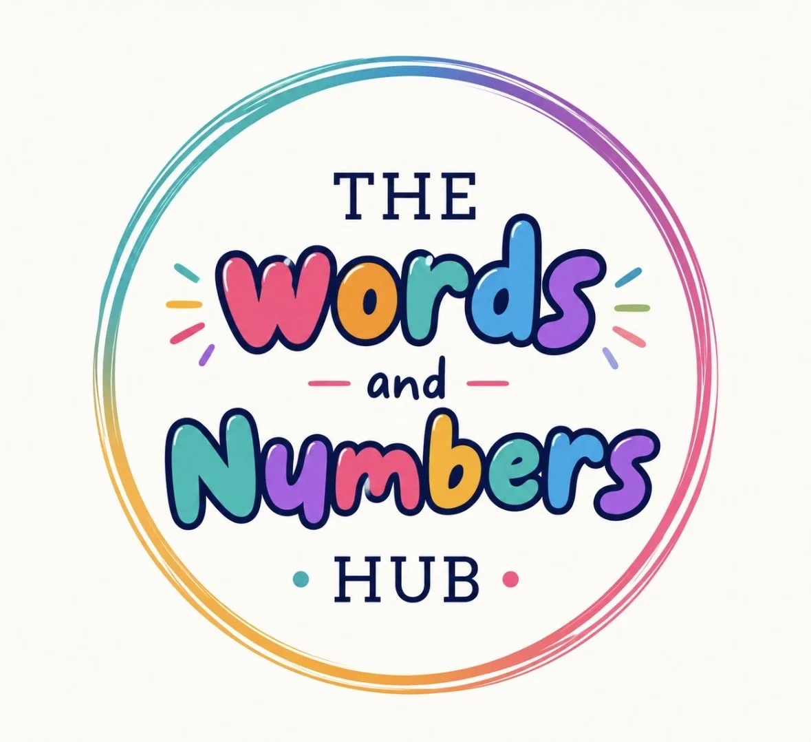 Colorful logo for 'The Words and Numbers Hub' with a rainbow circle border and playful typography.