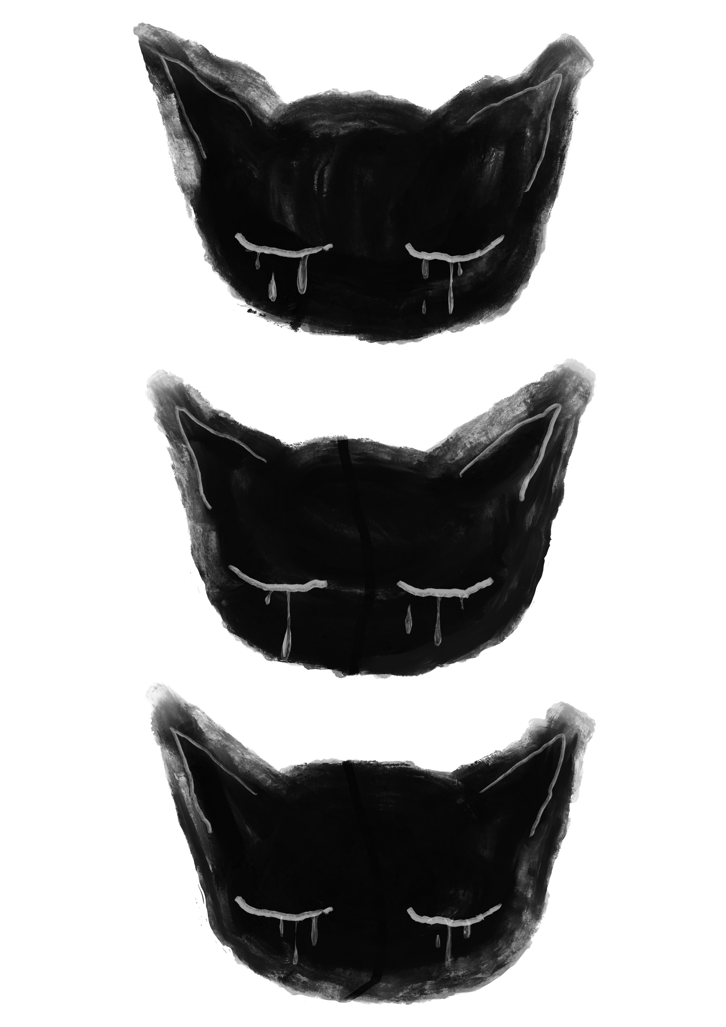 Black and white vertical painting of a stylized cat face with closed eyes and tears, repeated three times in a row.