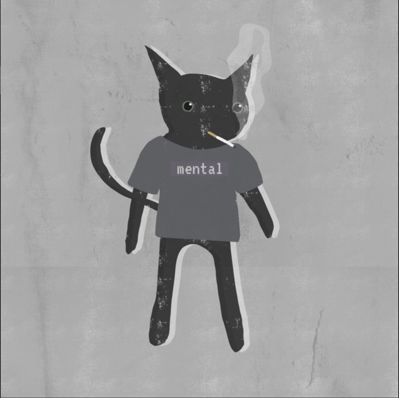 Street art of a black cat with a cigarette hanging from its mouth, wearing a gray T-shirt with 'mental' written on it, on a gray wall.