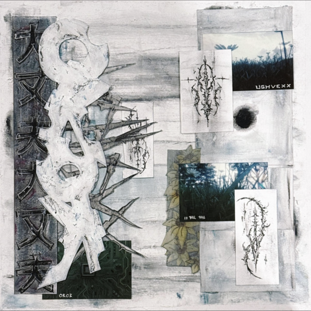 Mixed media collage with photographs, sketches, and abstract elements on a light wooden background. Includes botanical images, digital art, and handwritten or printed text.