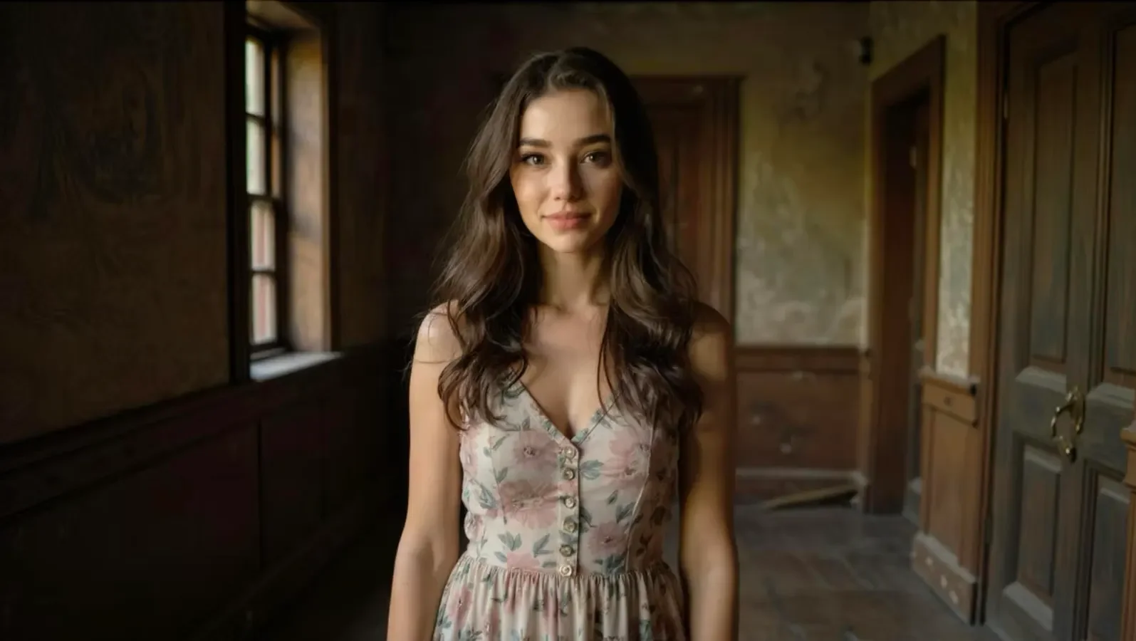 A young woman with long, wavy brown hair and light skin, wearing a sleeveless floral dress, standing inside a rustic, dimly lit room with wooden walls and a window.