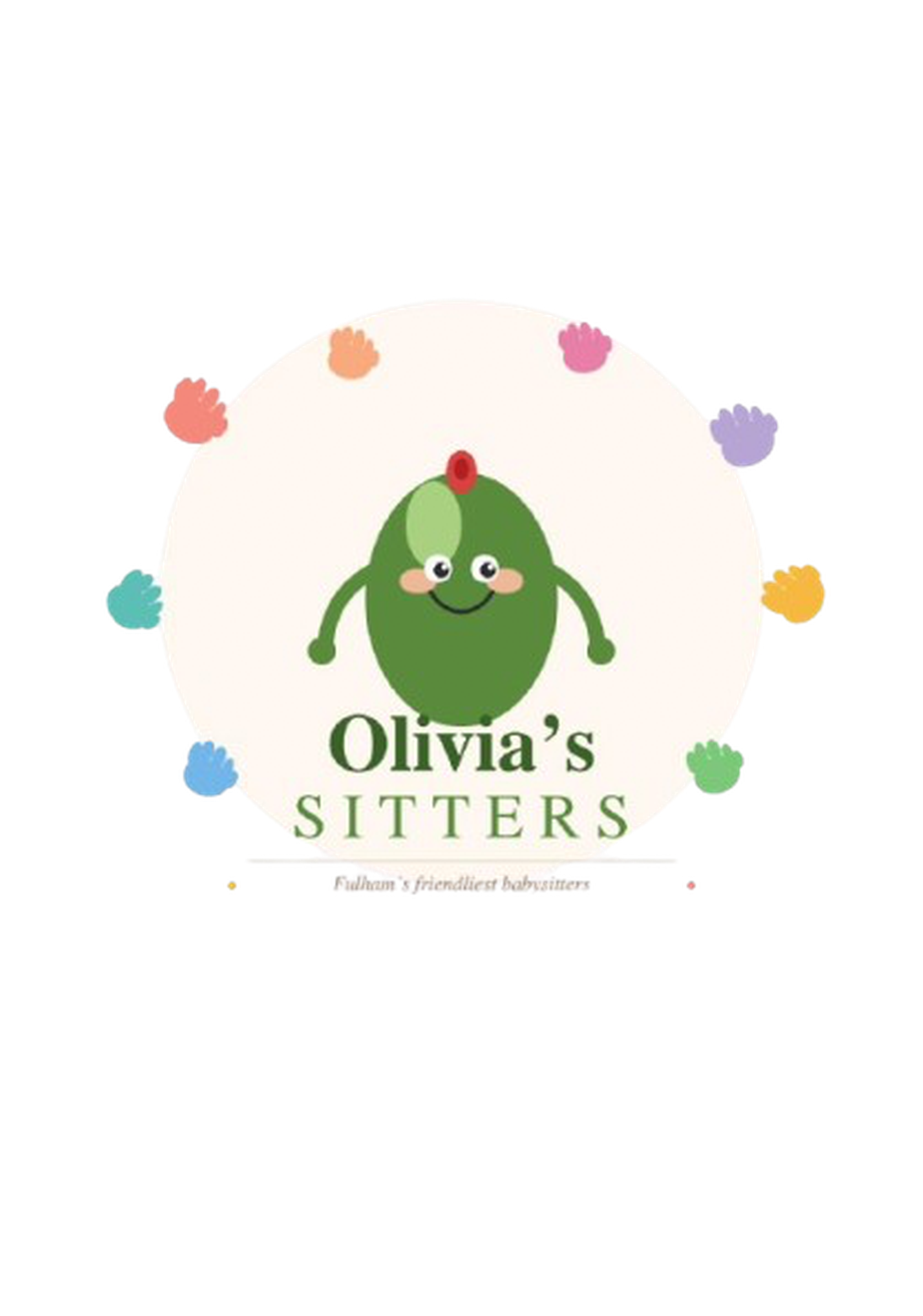 Logo for Olivia's Sitters featuring a smiling green cartoon ladybug with white eyes, blush cheeks, and a red spot on its head, surrounded by colorful handprints in pink, orange, purple, blue, yellow, and green.