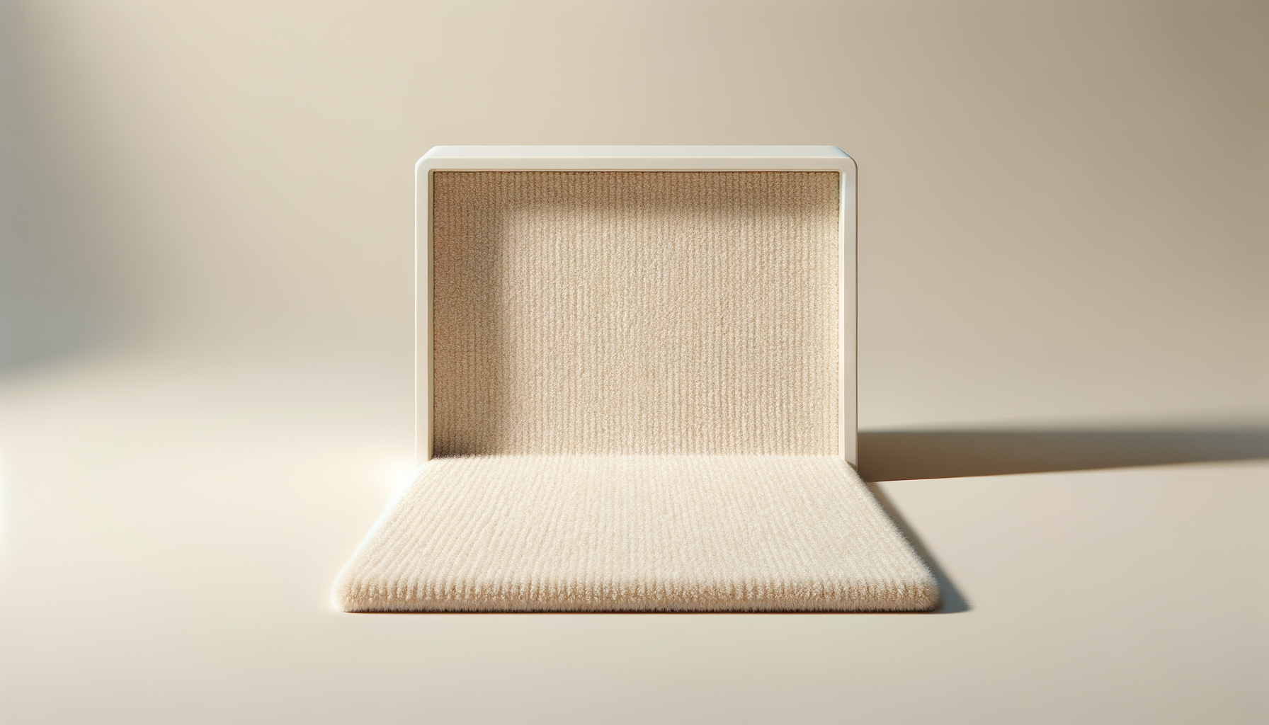 Empty beige upholstered chair with a modern white frame, casting a shadow on a plain beige background.