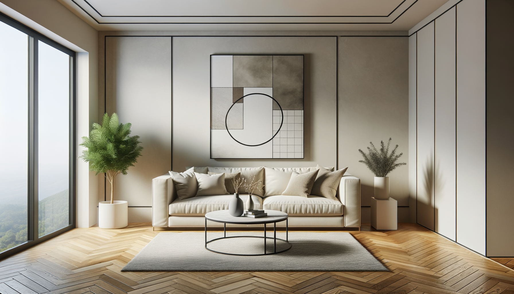 Modern living room with cream sofa, black and white artwork on the wall, wooden floors, potted plants, and large glass windows natural lighting.