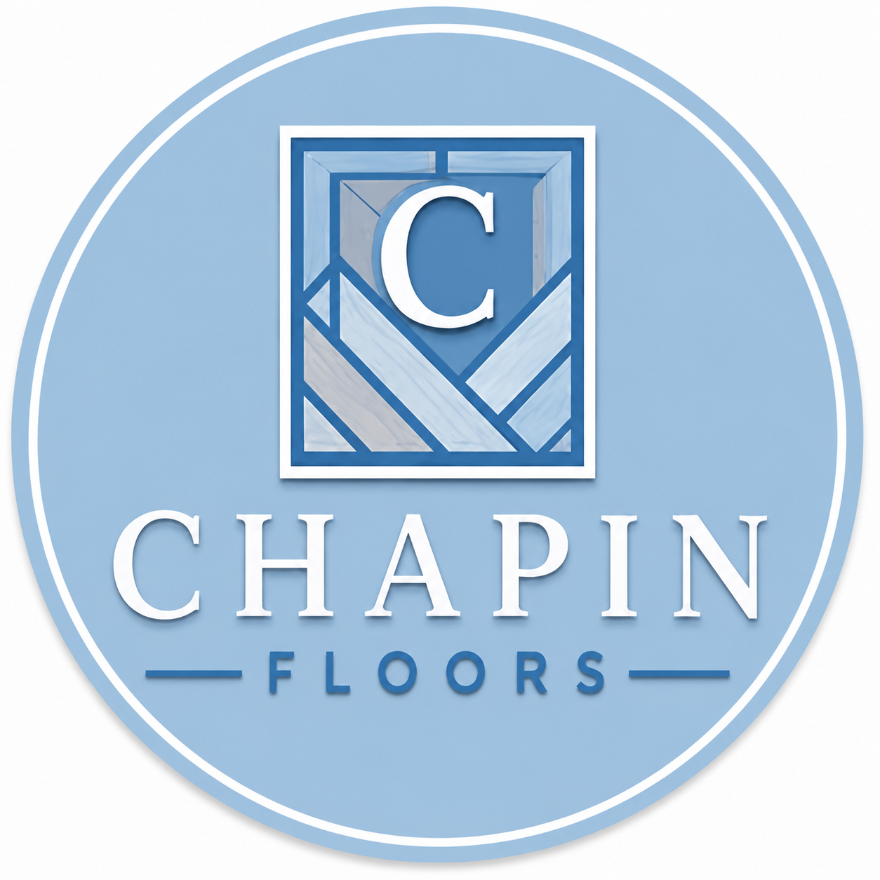 Logo for Chapin Floors featuring a monogram 'C' inside a geometric frame, with the company name and 'Floors' written below in a circular badge design with shades of blue.
