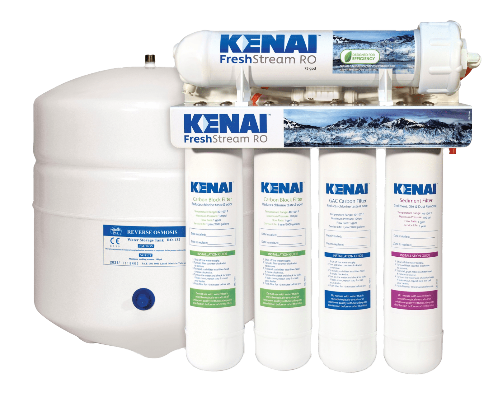 A reverse osmosis water filtration system with multiple filters and a storage tank.