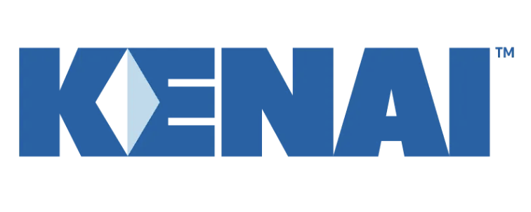 Kenai logo in blue text with stylized diamond shape inside the letter K