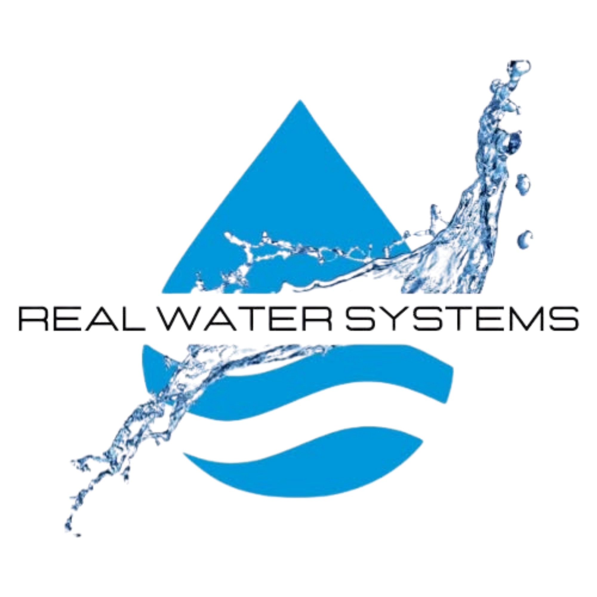 A blue water droplet splashes onto a blue triangular surface, with a stylized water system logo and the text 'Real Water Systems' beneath.