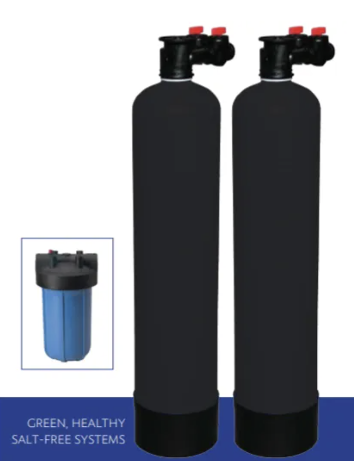 Two tall black water softening tanks with red control valves, and a blue sediment filter, with text indicating they are part of a salt-free water treatment system.
