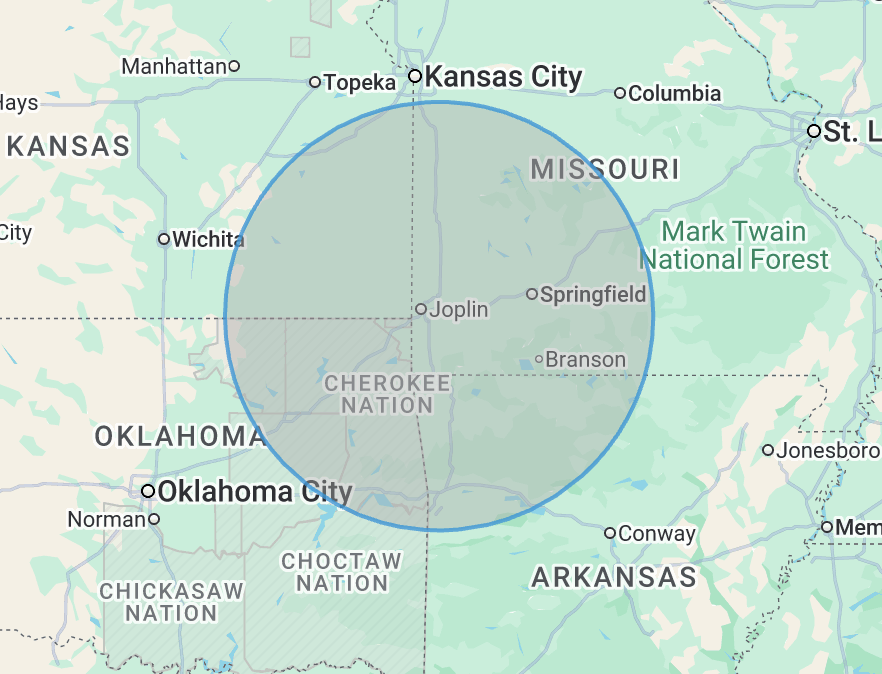 Map showing a circle centered around Oklahoma City, Oklahoma, with parts of Kansas, Missouri, Arkansas, and bordering states in view.