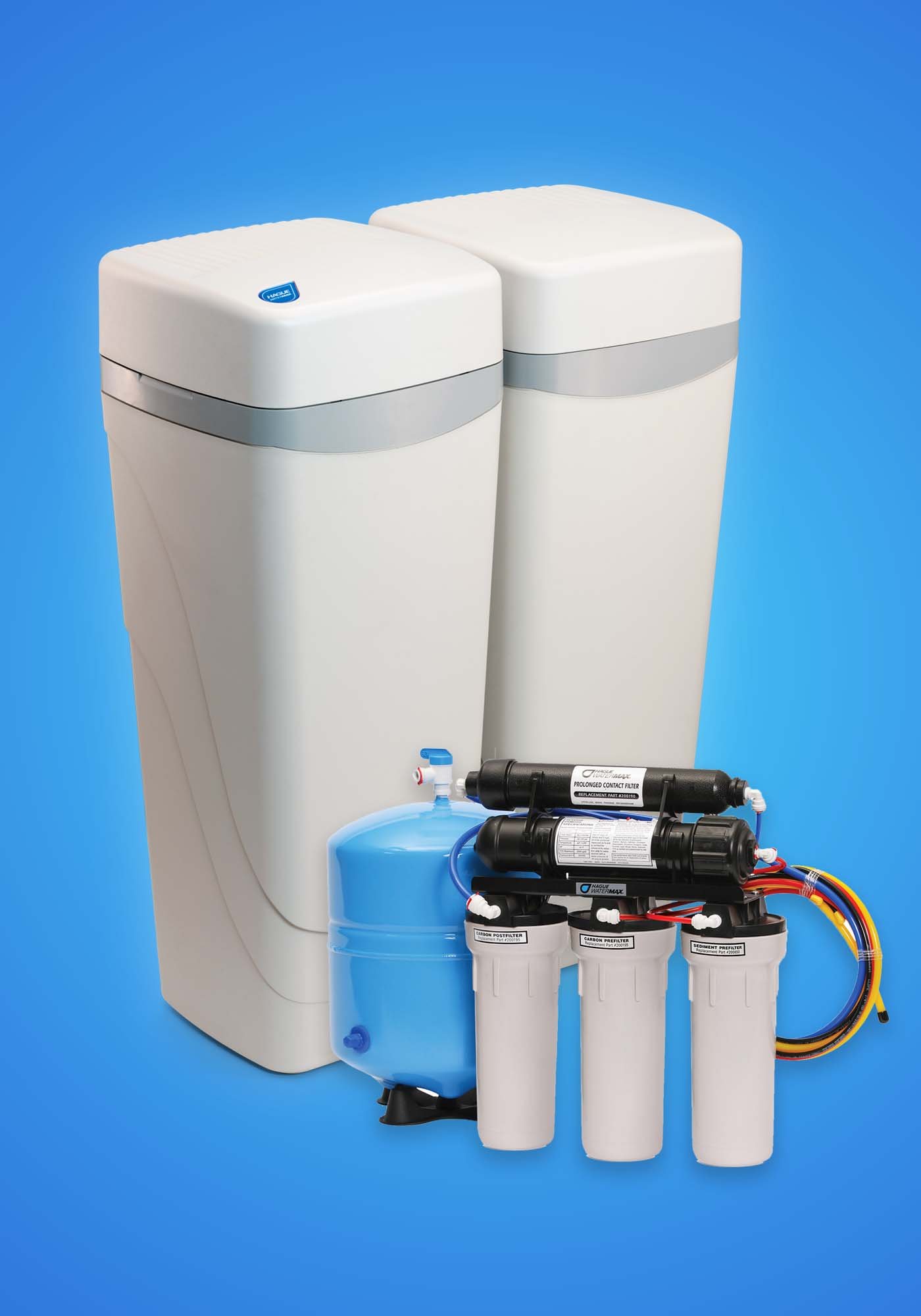 A reverse osmosis water filtration system with multiple white cylindrical filters, a blue water container, and black filtration components connected by colorful tubing, set against a blue background.