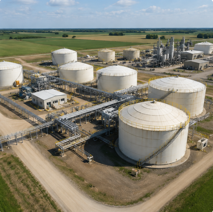 Aerial view of an industrial oil or chemical storage facility with multiple large white storage tanks, pipes, and processing buildings surrounded by farmland.