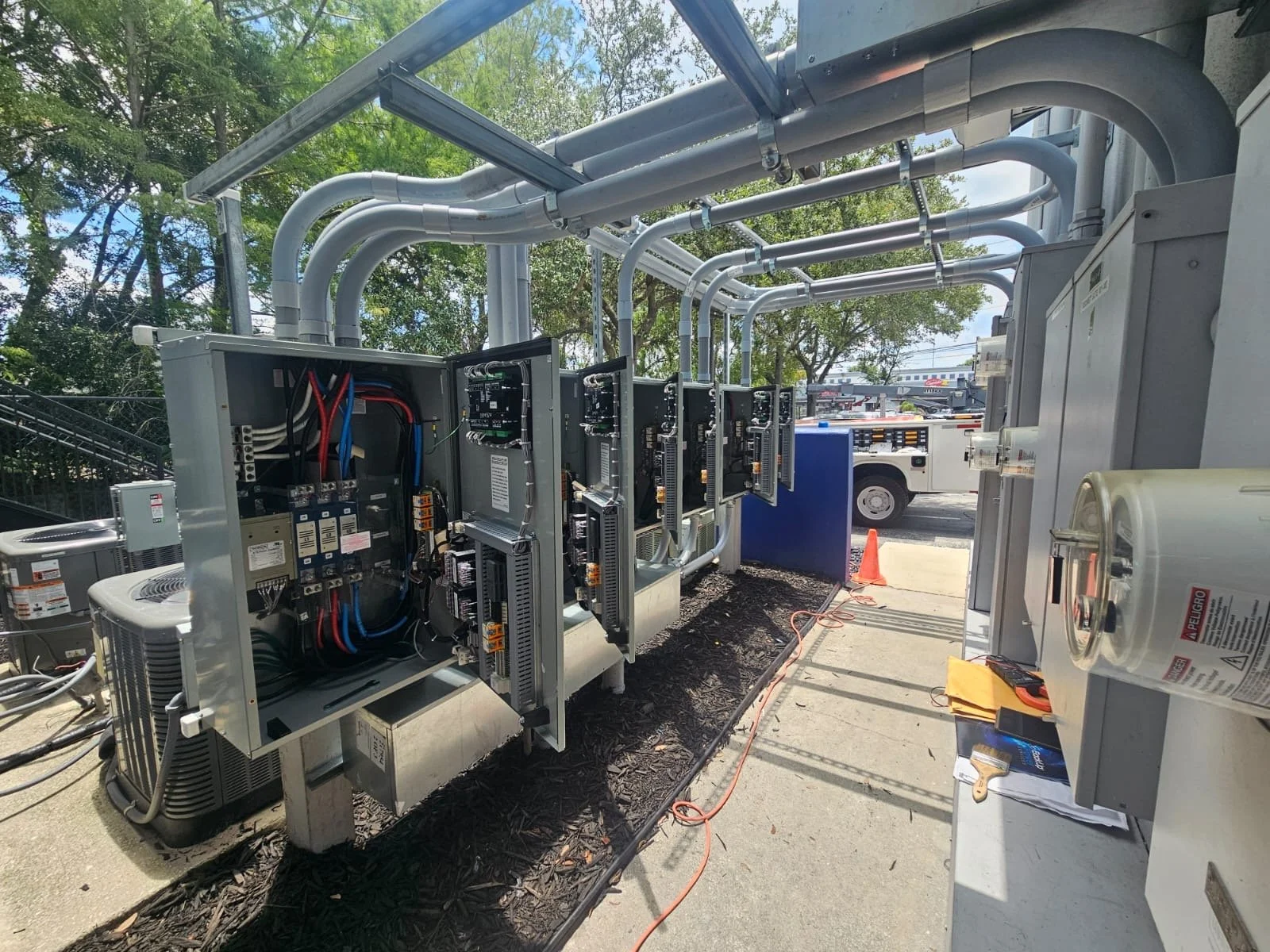Electrical equipment enclosure with circuit boards and wiring.