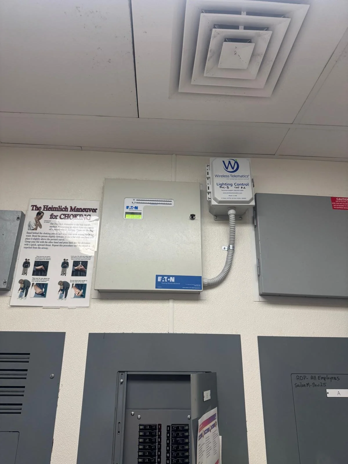 Ceiling vent, electrical and telecommunication panels on a wall, and a fire safety poster.
