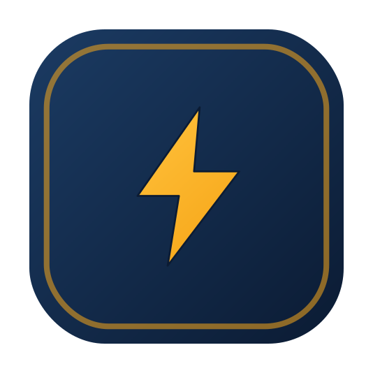 Icon featuring a yellow lightning bolt in a dark blue square with rounded corners and a gold border.