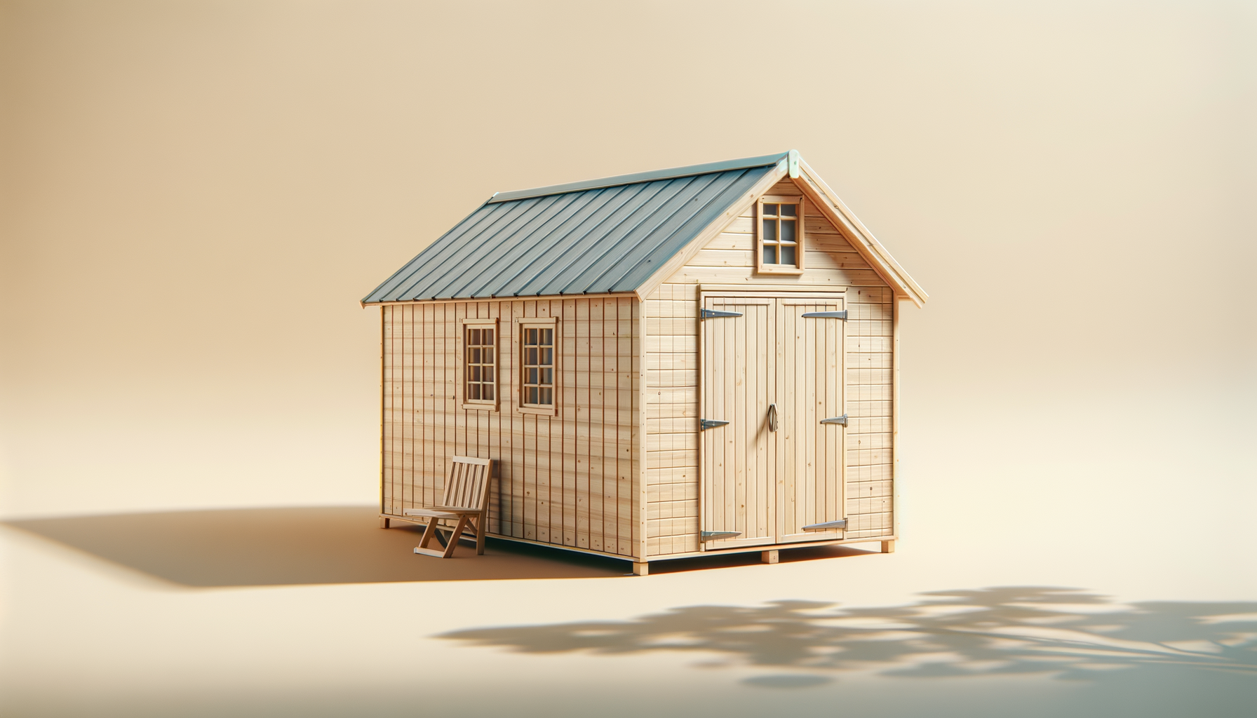 Small wooden shed with a metal roof, two small windows, a double door with hinges, and a wooden chair outside.