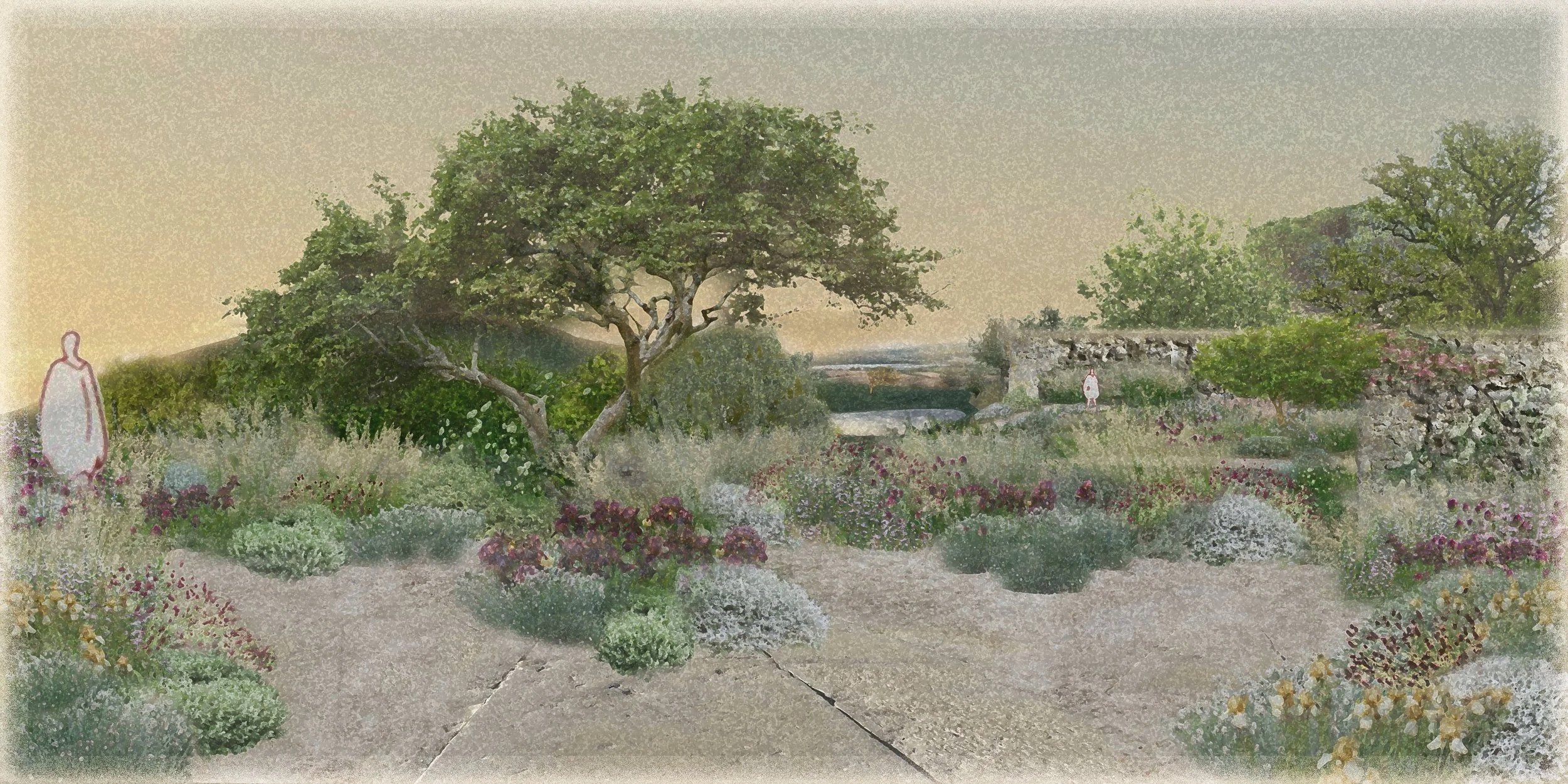 A watercolor painting of a lush flower garden with trees, flowers, and a stone bridge in the background, with two faint human figures on either side.
