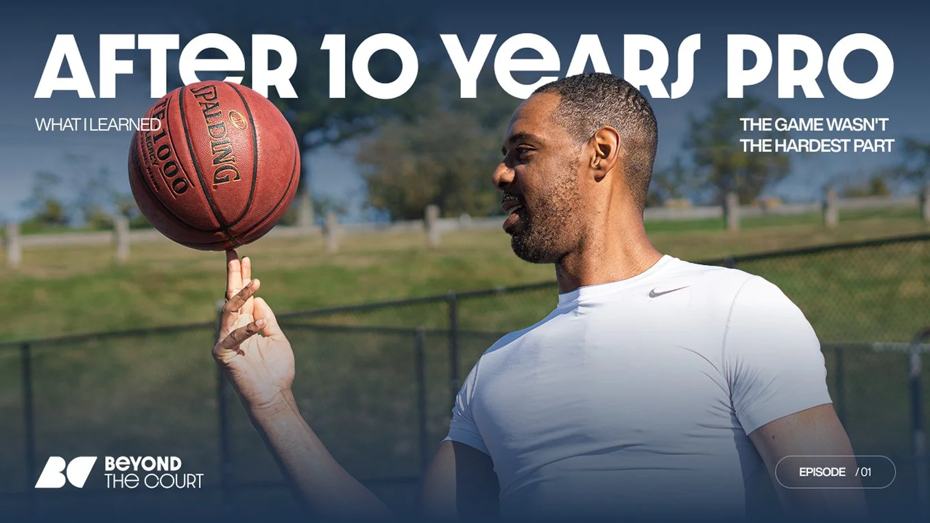 Zeke in a white shirt balancing a basketball on his finger outdoors with trees and a fence in the background, promoting an episode of 'Beyond the Court' titled 'After 10 Years Pro'.