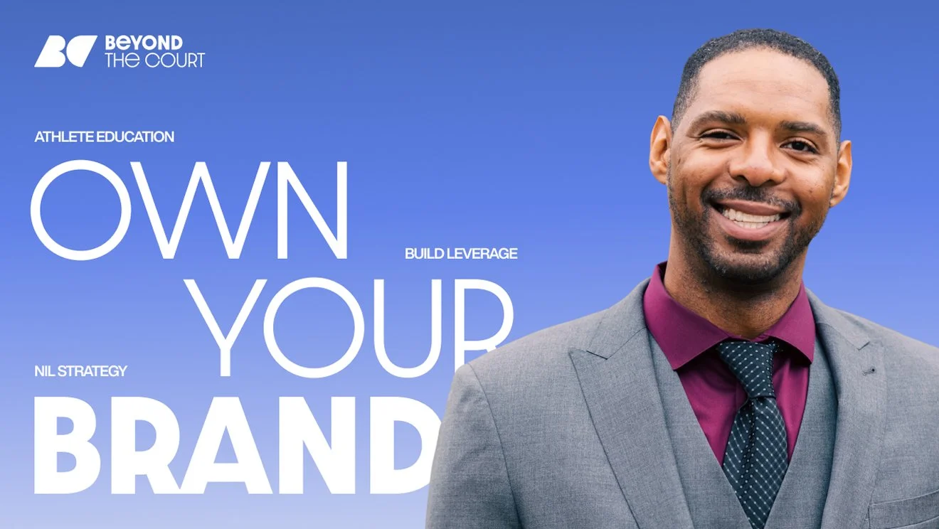 Zeke smiling in a gray suit, maroon shirt, and dark dotted tie posing in front of a blue gradient background with text about athlete education and brand building.