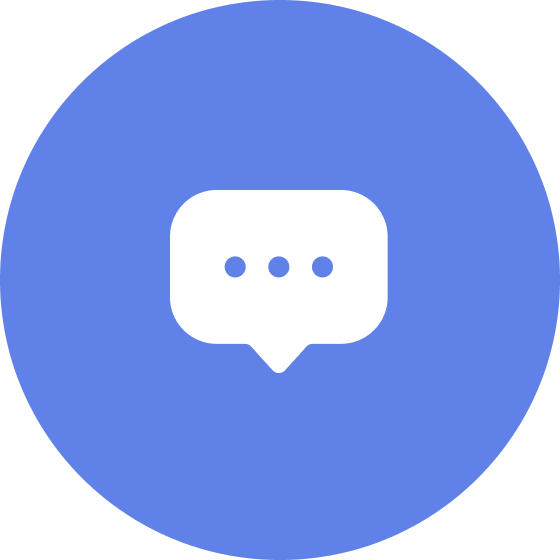 Blue circular icon with white speech bubble containing three dots.