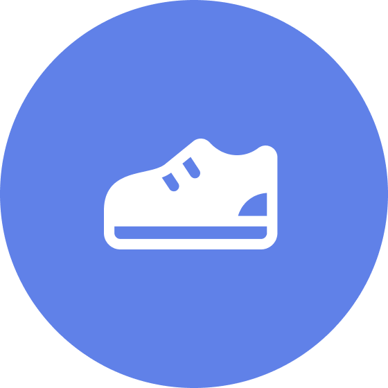 Icon of a sneaker shoe in white on a blue circular background.