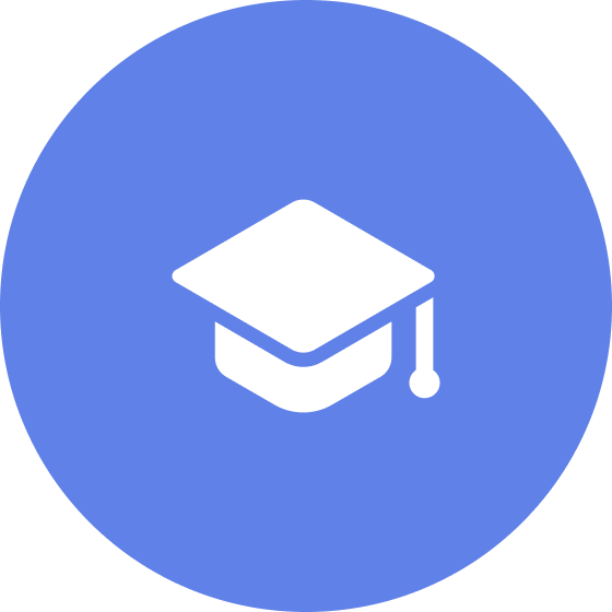 Icon of a graduation cap on a blue circular background.