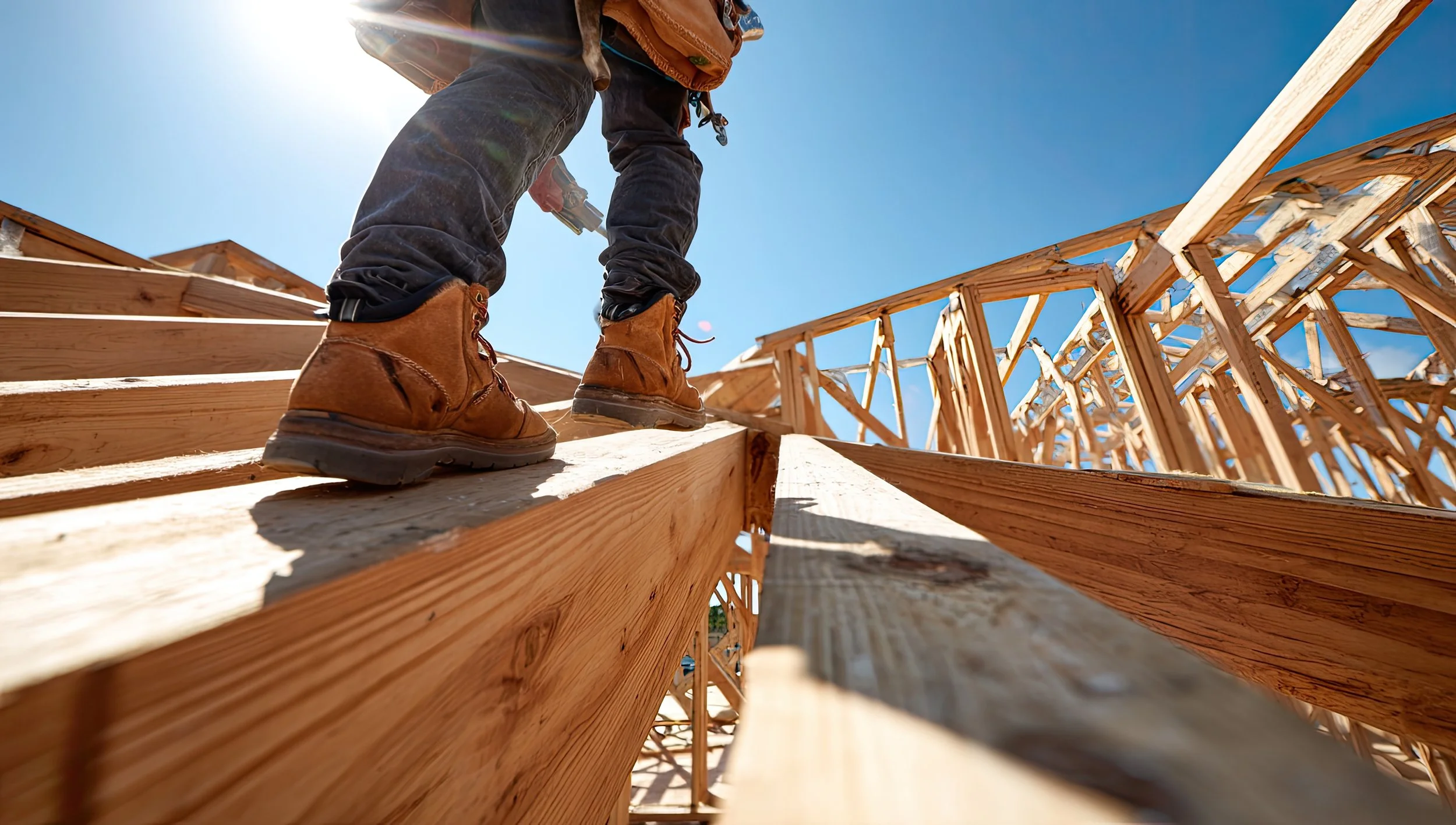 A construction worker in boots and dark clothing is walking on a wooden beam during framing of a building against a clear blue sky.