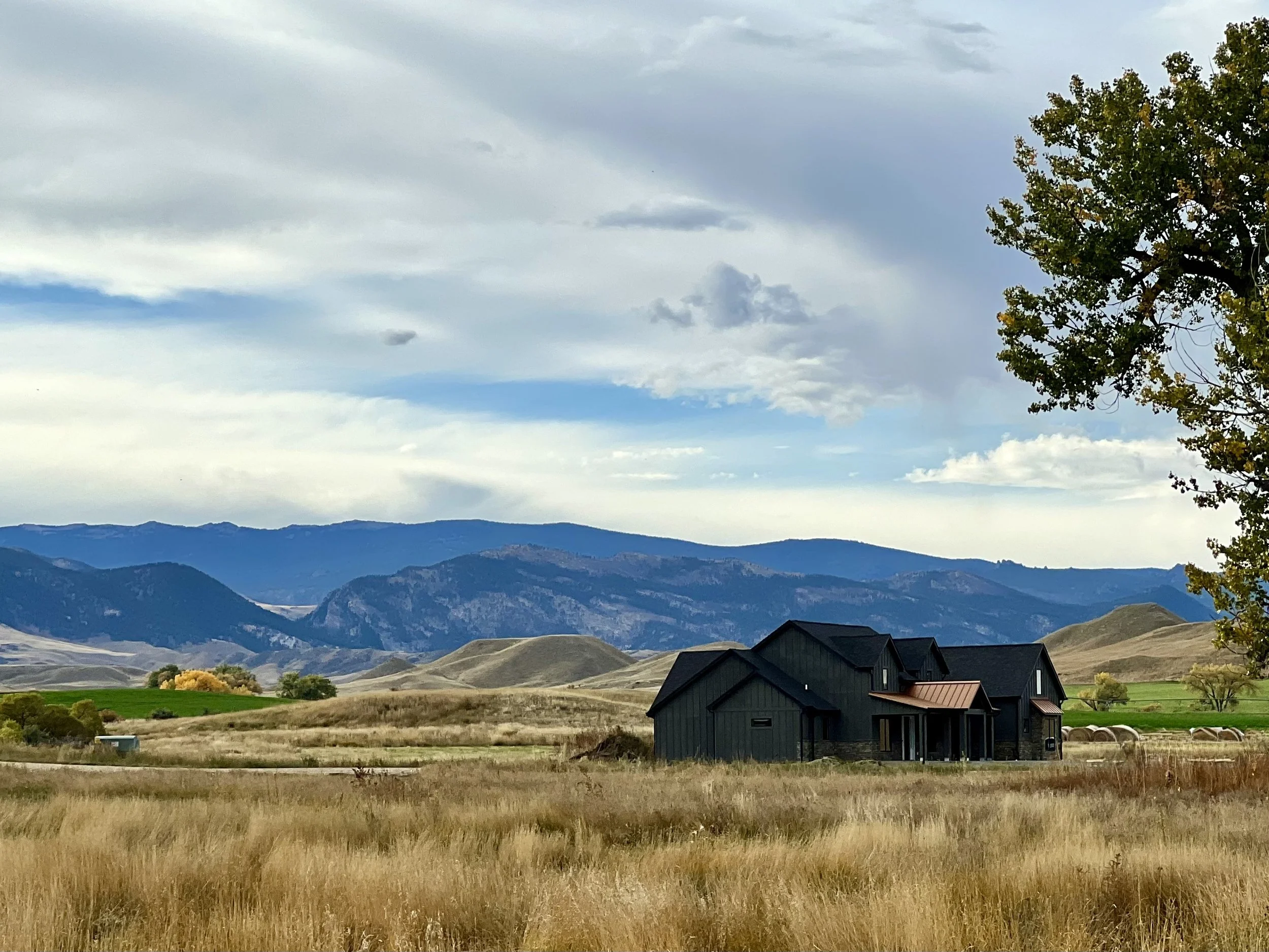 A rural landscape with golden fields, dark gray farmhouses with reddish roofs, green patchwork fields, rolling hills, and distant mountains under a cloudy sky.