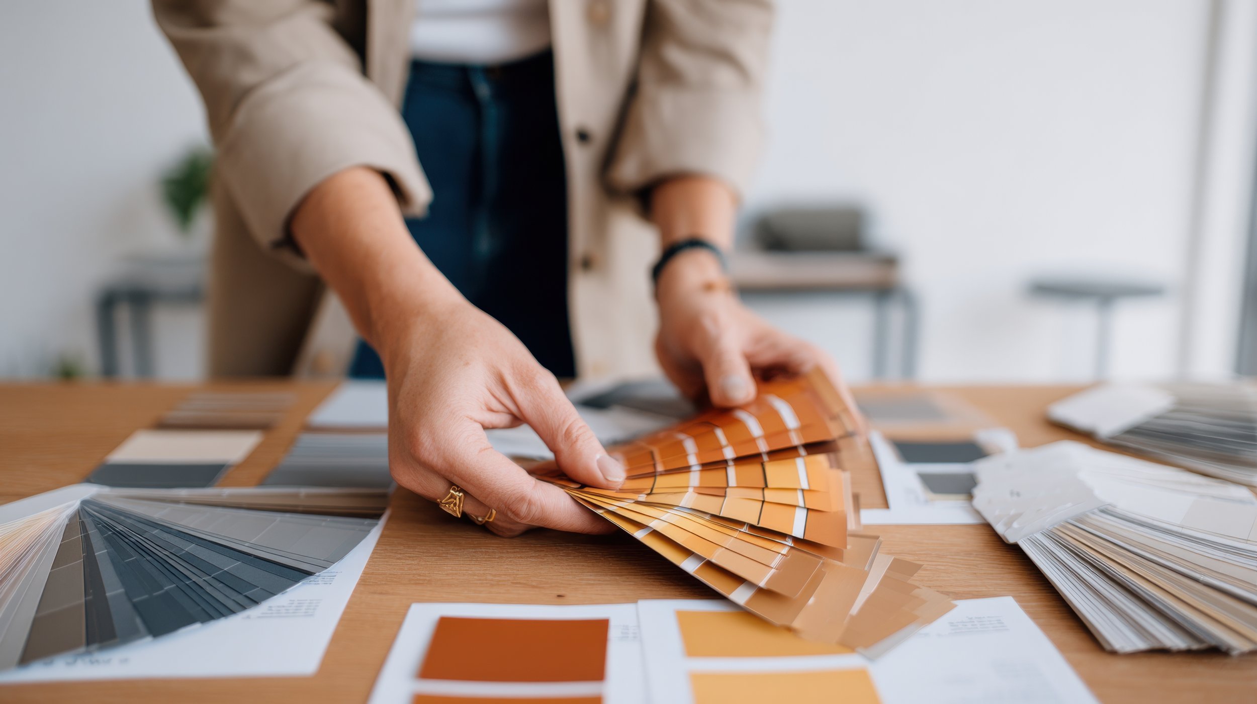 Person sorting through a color swatch book with various color samples on a wooden table.