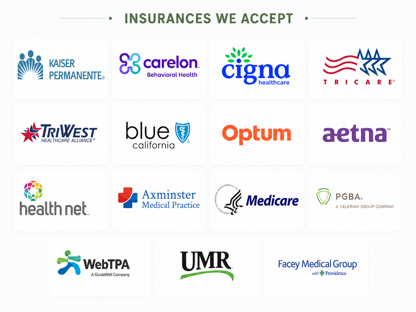 A grid of logos of various healthcare insurance providers, titled 'Insurances We Accept'.
