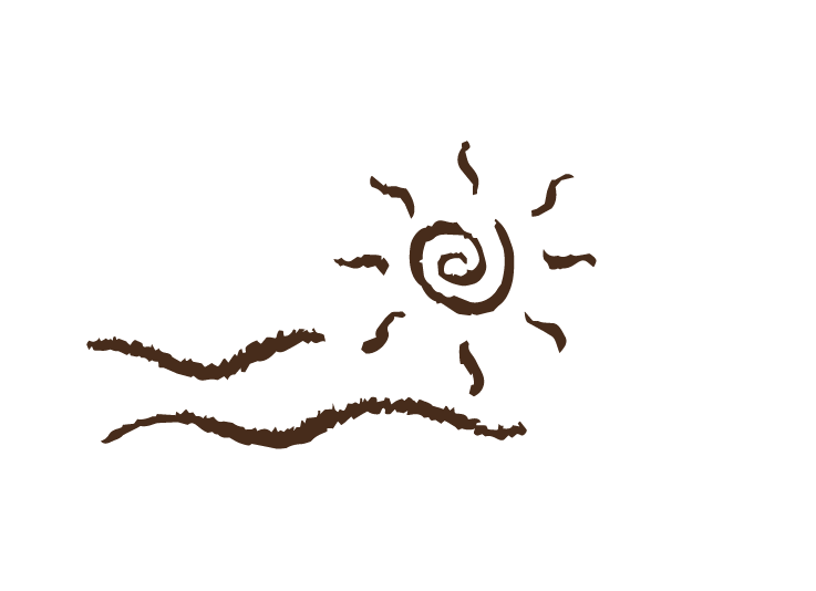 A simple illustration of a sun with a spiral center and wavy rays, above two wavy lines representing water or the horizon.