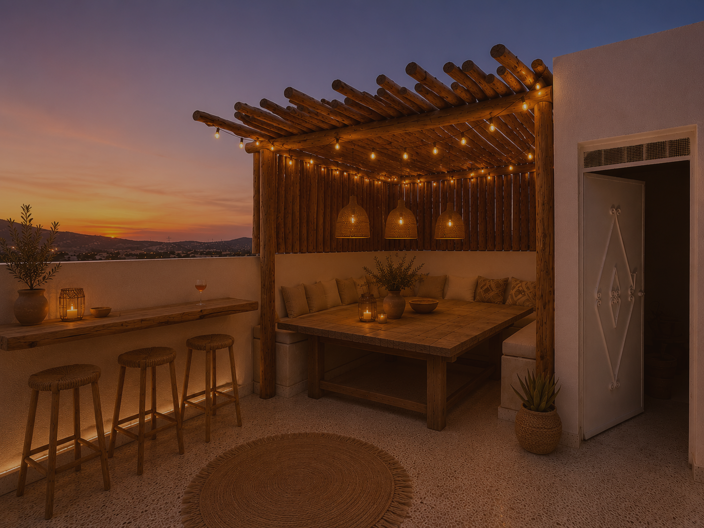 Outdoor rooftop patio area with wooden pergola, string lights, and hanging pendant lights, decorated with candles, potted plants, and a view of sunset over hills.