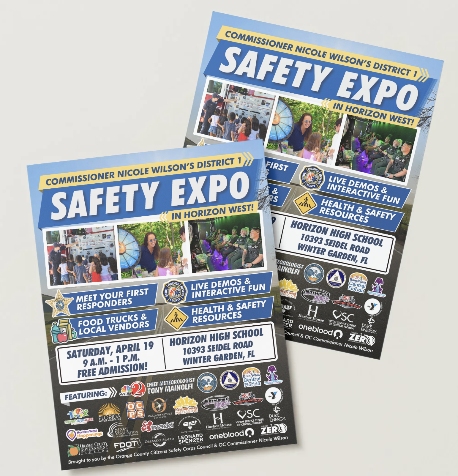 Flyer for a Safety Expo hosted by Commissioner Nicole Wilson's District 1, held at Horizon High School in Winter Garden, FL on April 19 from 9 a.m. to 1 p.m., featuring live demos, health and safety resources, food trucks, local vendors, and guest sp