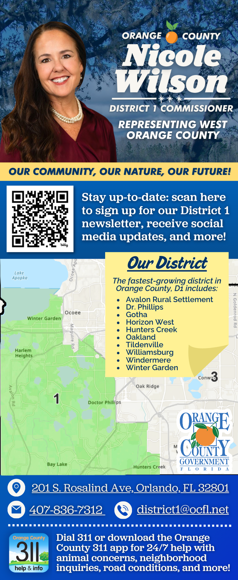 A political campaign flyer featuring Nicole Wilson, a candidate for Orange County District 1 Commissioner, with a portrait of her smiling. The flyer includes a QR code to sign up for updates, a map of the district, contact information, and details ab